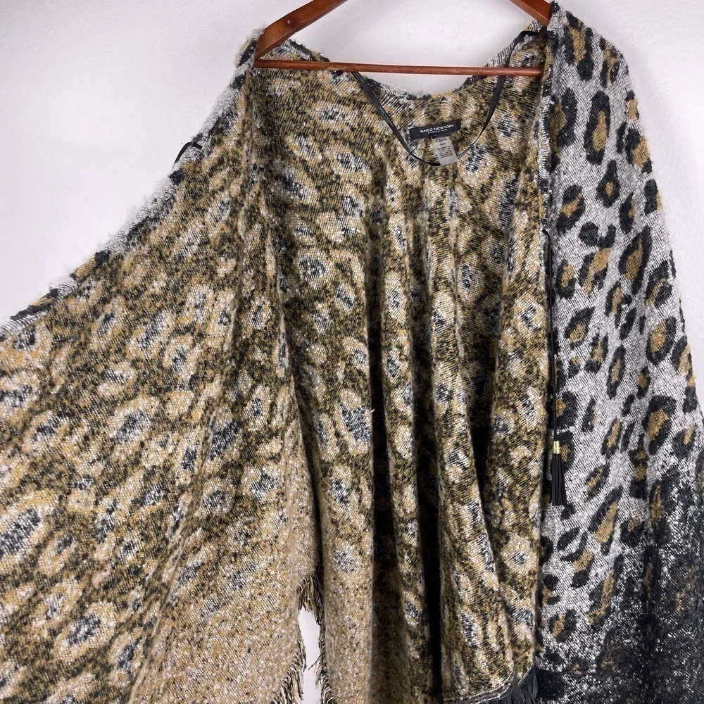 Marc New York Leopard Animal Print Fringed Trimmed Shawl Poncho Scarf ONE SIZE